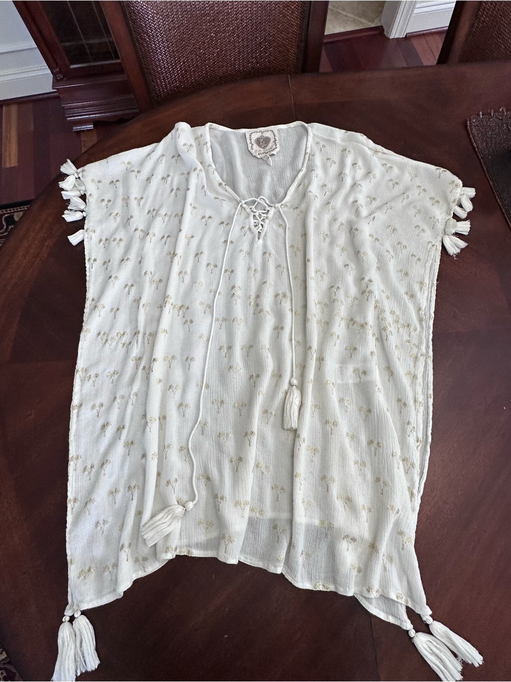 Z&L Europe Anthropologie Palmier Cover Up White Gold Metallic Palm Tassel Kaftan